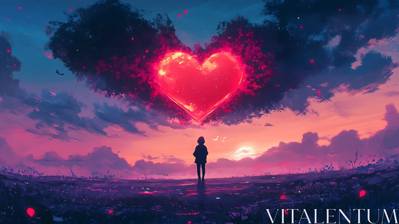 Neon Heart Silhouette: Luminous Geometric Form Against Sunset Sky