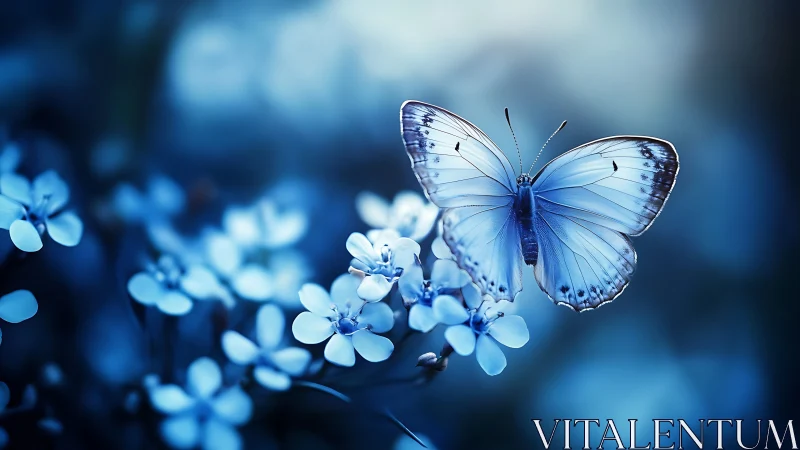 Blue butterfly resting on small blossoms in soft light.