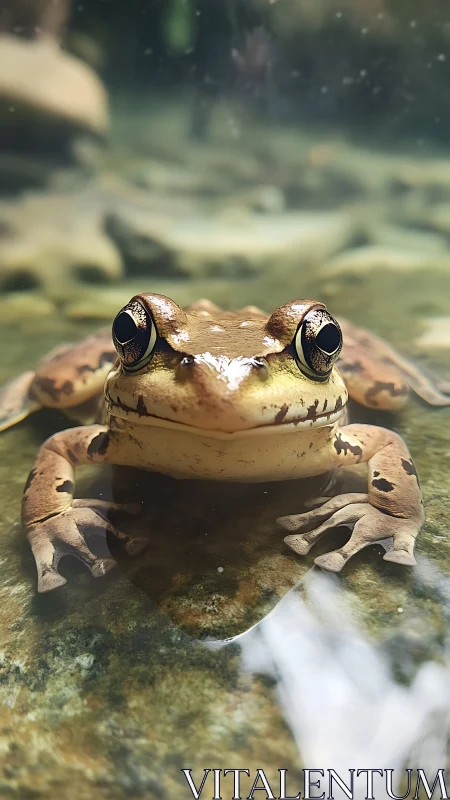 Macro portrait frog resting in shallow clear water.