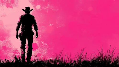 Silhouetted gunslinger contour on saturated magenta frontier.