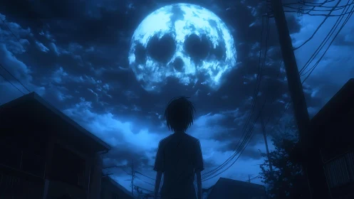 Solitary teen confronts eerie skull-shaped moonlit sky