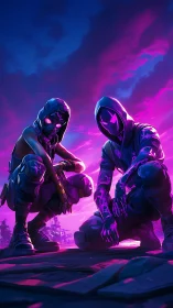 Neon dusk rogues crouch beneath an ultraviolet storm sky.