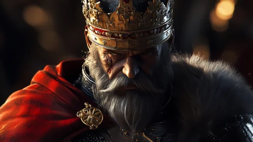 Cinematic render of battle-scarred monarch in raking light.