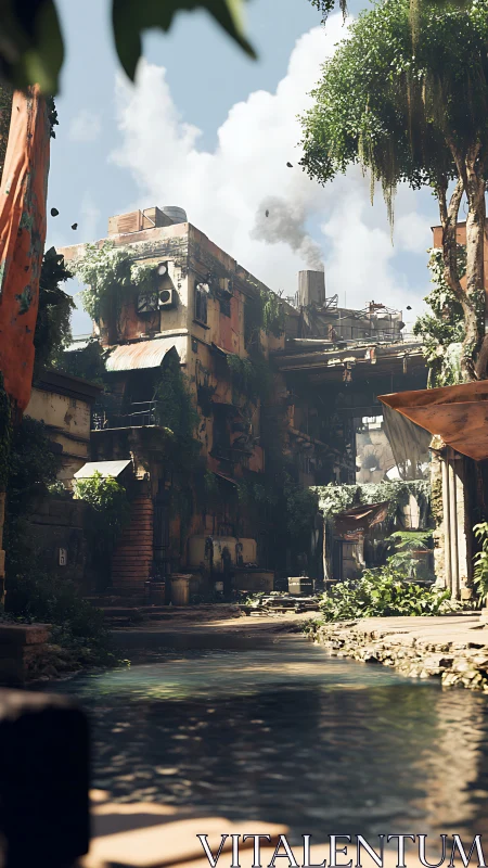 Overgrown postindustrial canal alley with decayed housing block