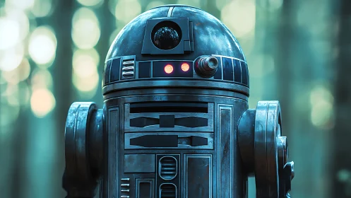 Detailed astromech-style robot standing in soft forest light.
