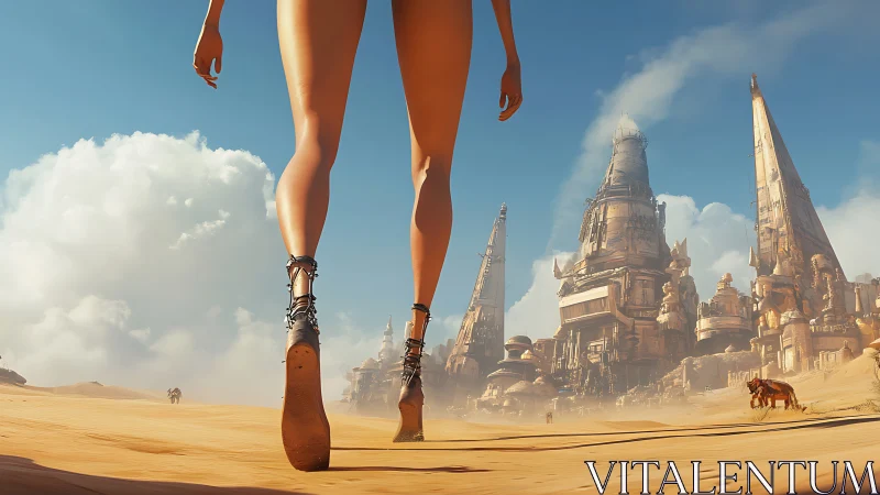 Low-angle desert colossus strides toward spired sand citadel