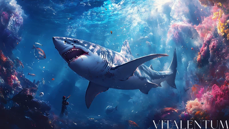 Colossal shark glides through radiant coral kingdom.