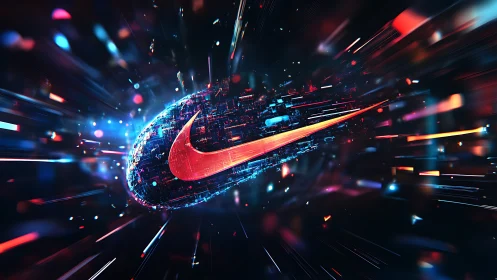 Electric swoosh streaks through a neon digital galaxy of light