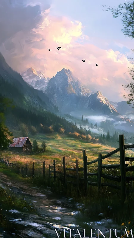 Mountain valley path with wooden fence and distant peaks.