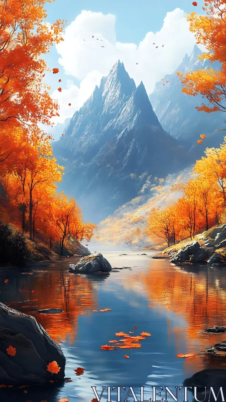 Autumn ember river beneath sky-scratching sapphire peaks.