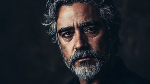Moody low‑key portrait of older man with gray beard.
