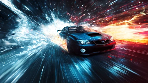 Midnight turbo rush through neon streaks of light and fire.
