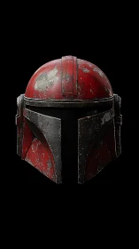 Red weathered sci fi combat helmet on black background.