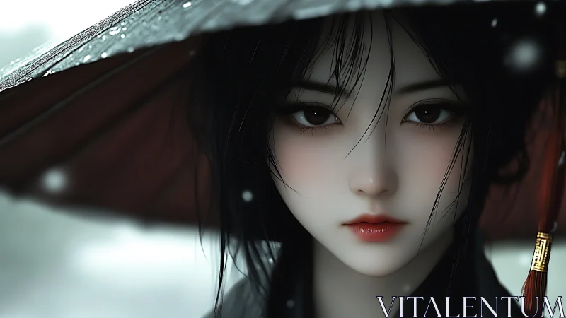 Rainlit gaze of a porcelain warrior beneath quiet storm.