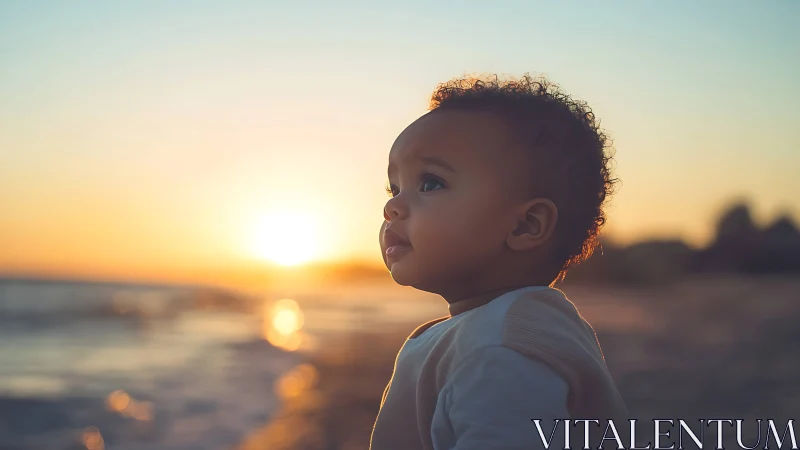 Child observing sunset over water at coastal location