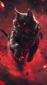 Armored black cat charges through blazing red inferno