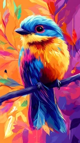 Neon songbird perches amid vivid abstract foliage glow.