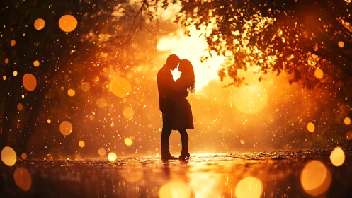 Silhouetted couple embracing amidst golden bokeh particles and luminous atmospheric effects.