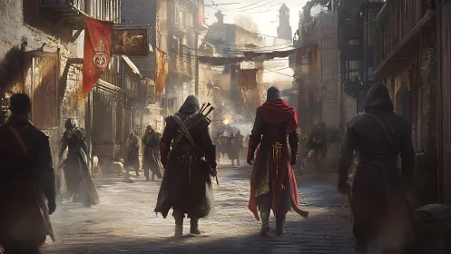 Hooded warriors walk through war torn medieval city street.