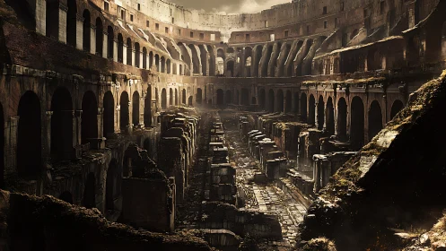 Roman amphitheater interior ruins under dramatic backlight.
