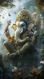 Majestic Ganesha deity hovering over misty jungle temple.