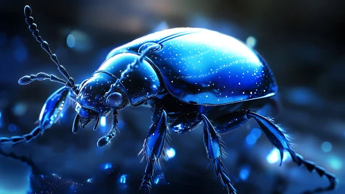 Macro-rendered iridescent beetle with specular highlights in blue