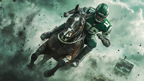 Football warrior riding horse through explosive storm field.