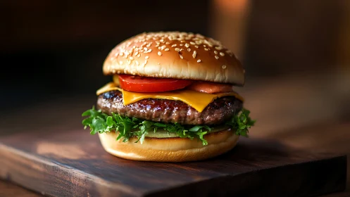 Golden-hour cheeseburger hero stacked for flavor glory.