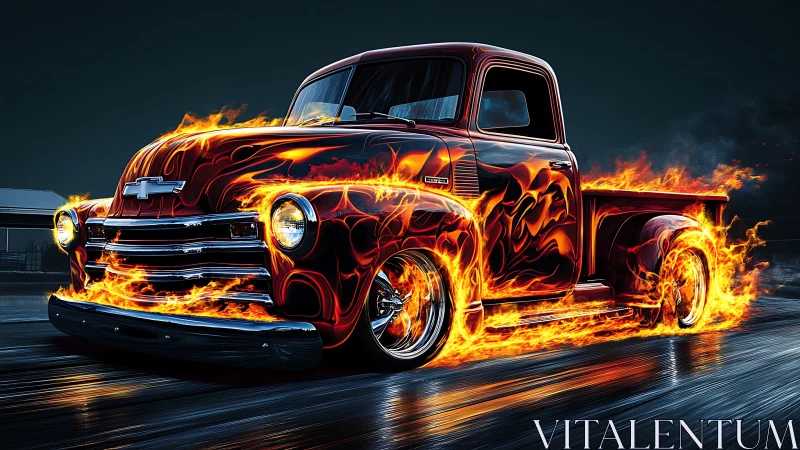 Classic Chevrolet pickup engulfed in stylized racing flames.