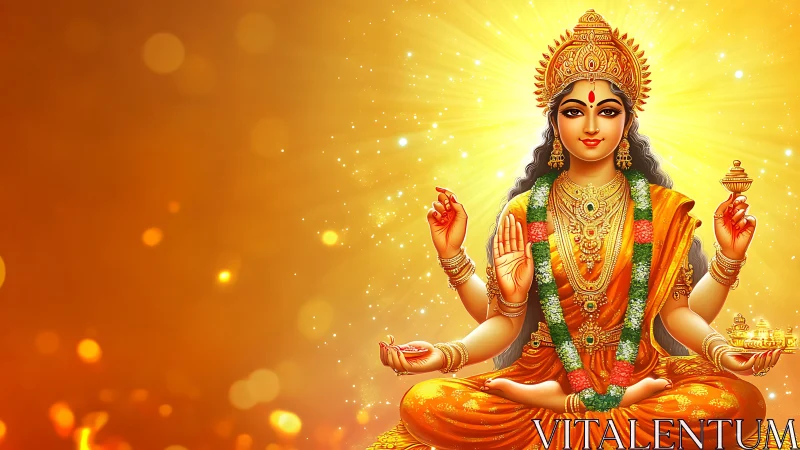 Hindu goddess figure sits centered against radiant gold glow