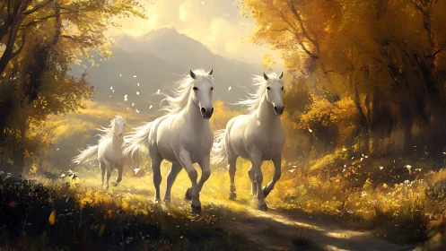 Wild white horses run through glowing autumn forest trail.
