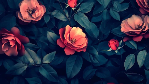 Coral roses with teal foliage against dark background.