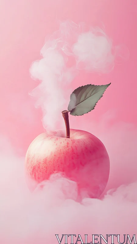 Pink apple emitting white vapor against monochrome background.