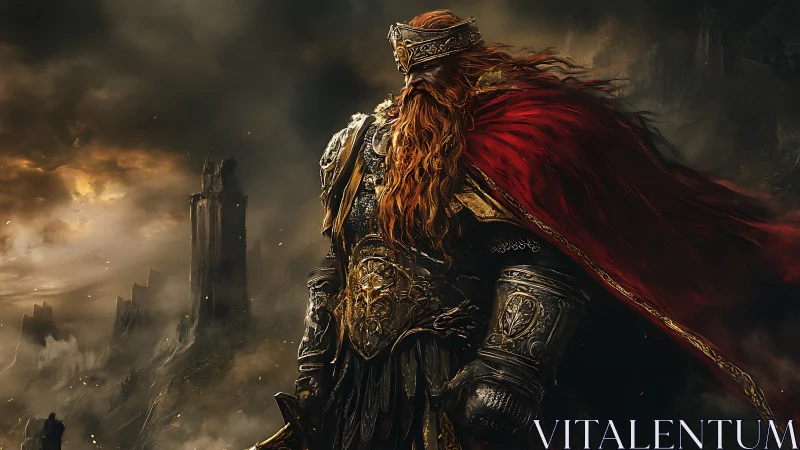 Storm‑crowned warlord strides through ruin and burning dusk.