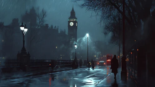 Rain-soaked London embankment glows under moody blue night.