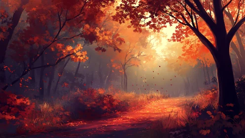 Autumn forest path with silhouetted trees and falling leaves.