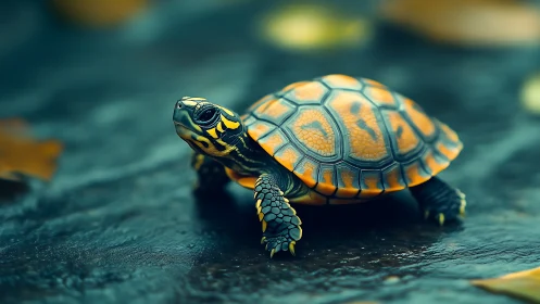 Small turtle on wet surface with orange patterned shell.