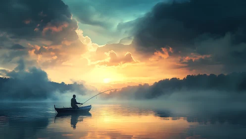 Solitary fisherman in boat under dramatic sunrise sky.