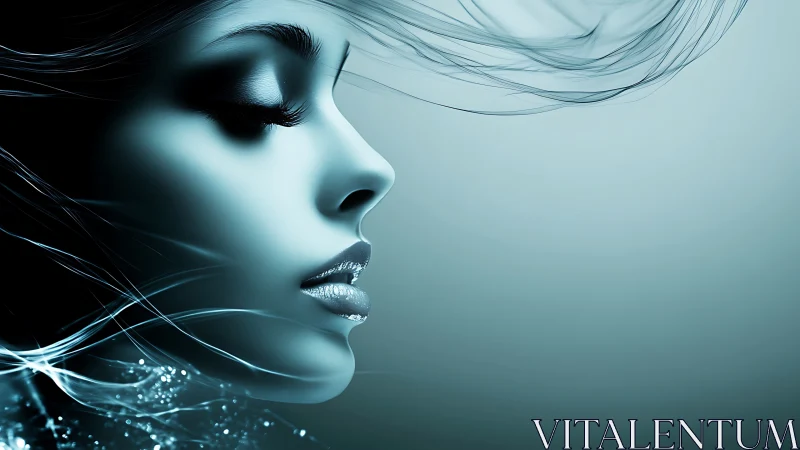 Profile of stylized female face with abstract light strands.