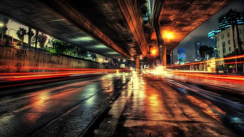 Long-exposure urban overpass captures neon traffic trails at night