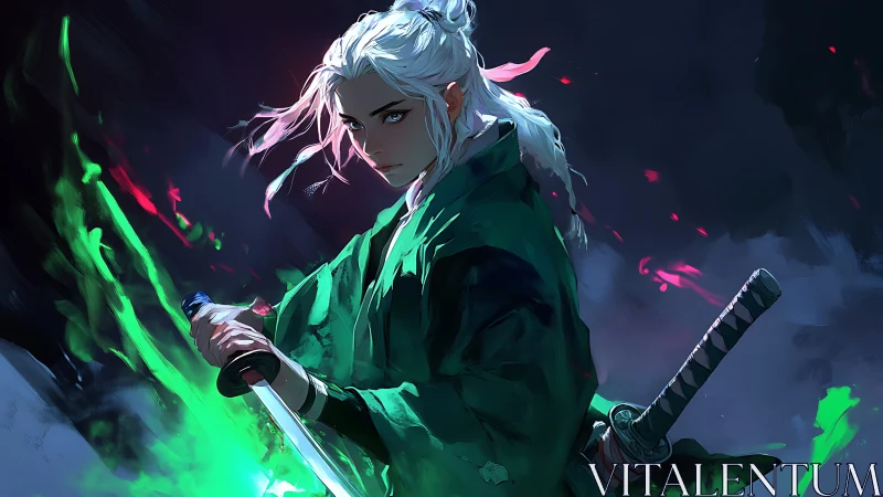 Storm-lit warrior steadies a glowing blade in swirling color