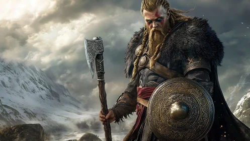 Viking warrior stands armed with axe and shield in snow.