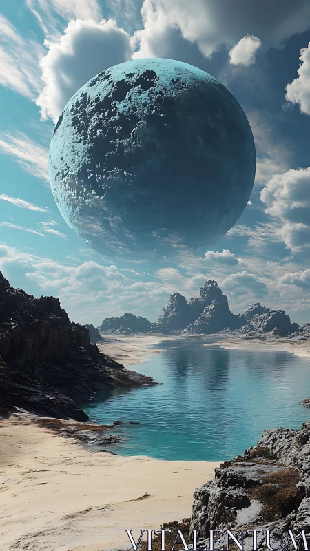 Massive cratered moon dominates layered coastal exoplanet sky