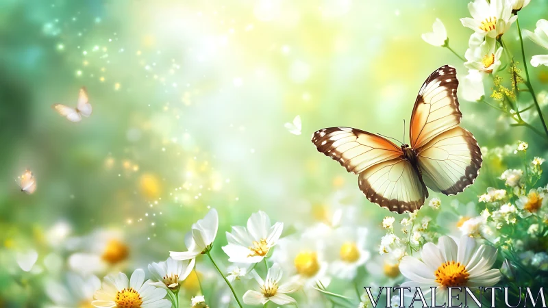 Gentle butterfly resting in a dreamy field of soft daisies.