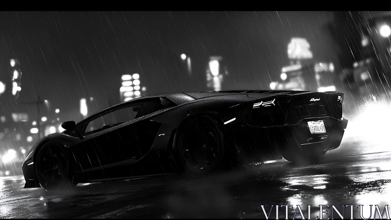 Midnight supercar cuts through neon rain on wet city streets.