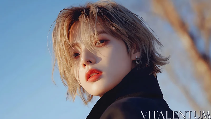 Short haired person in black coat under clear blue sky.