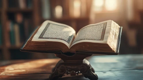 Golden light cradles an open Quran on carved wooden stand.