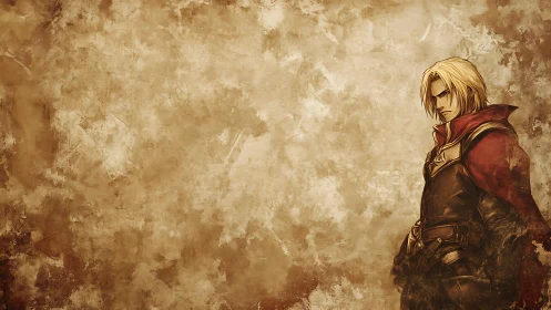 Brooding blonde swordsman haunts a weathered parchment realm.