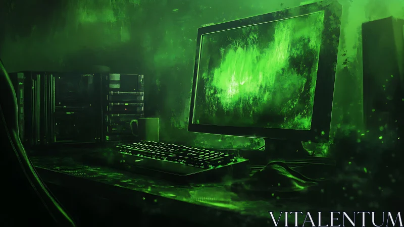 Desktop computer workstation under green digital glow.