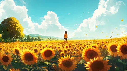 Solitary figure stands in vast sunlit sunflower field